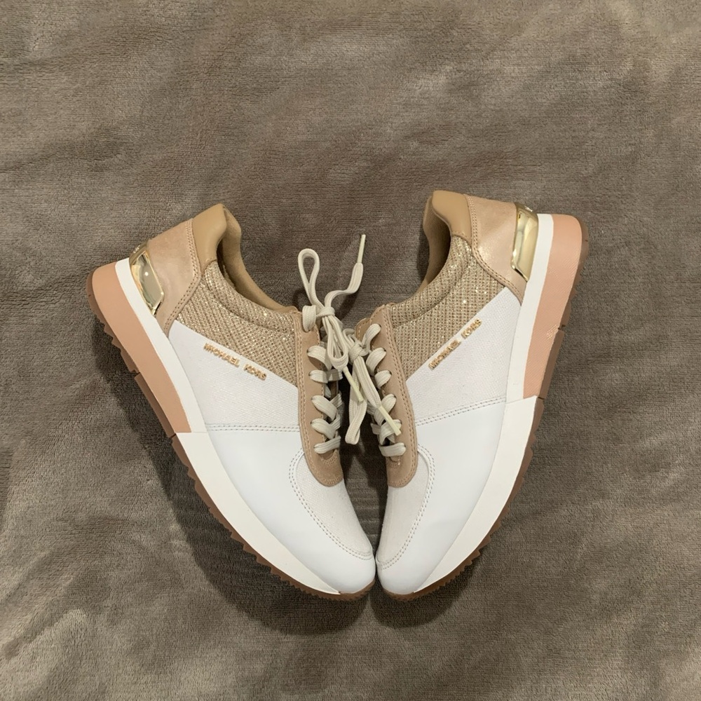 Michael Kors White and Tan Sneakers with Gold Accents